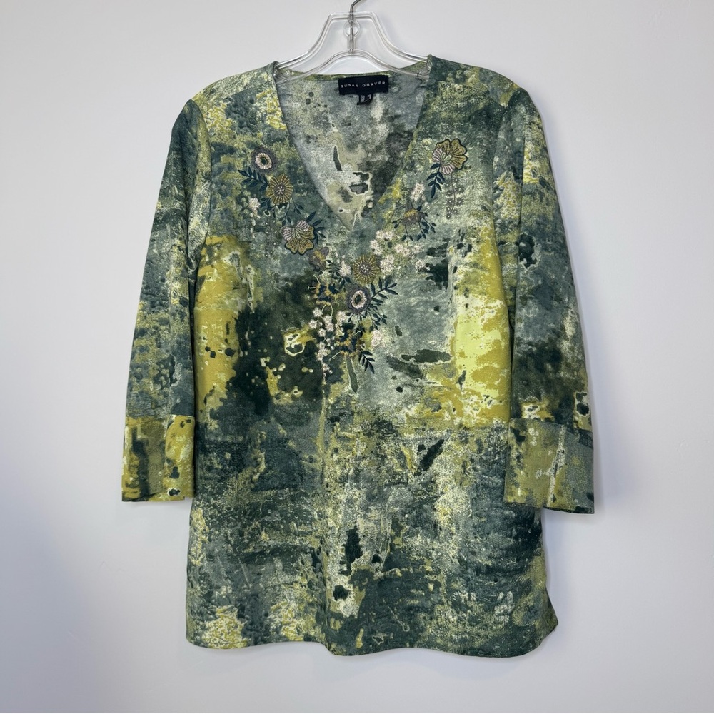 Susan Graver Green Blouse Women’s Size XS Printed Embroidered 3/4 Sleeve